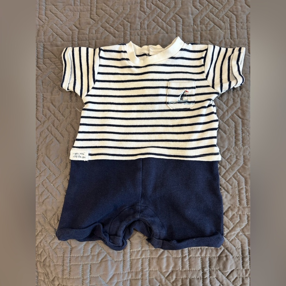 Baby Boy Rock a Bye Baby Navy Stripe One Piece Playsuit w/ Sailboat Size 0-3 Mos